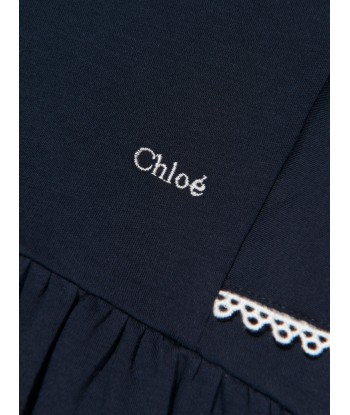 Chloé Girls Organic Cotton Flutter Sleeve Dress in Navy paiement sécurisé