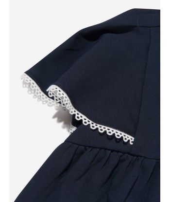 Chloé Girls Organic Cotton Flutter Sleeve Dress in Navy paiement sécurisé