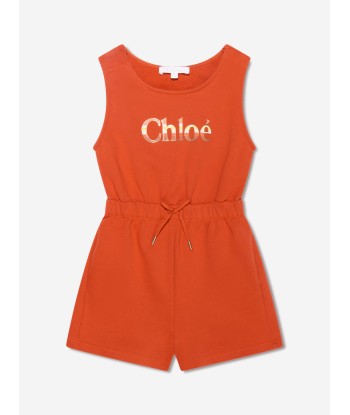 Chloé Girls Organic Cotton Sleeveless Playsuit in Orange en stock