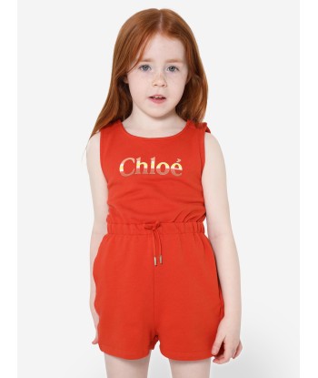 Chloé Girls Organic Cotton Sleeveless Playsuit in Orange en stock