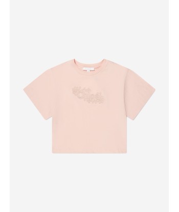 Chloé Girls Organic Cotton Cropped T-Shirt in Pink brillant des détails fins