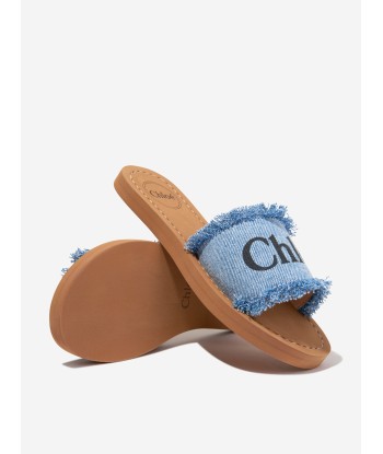 Chloé Girls Fringed Denim Sliders in Blue votre