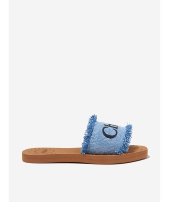 Chloé Girls Fringed Denim Sliders in Blue votre