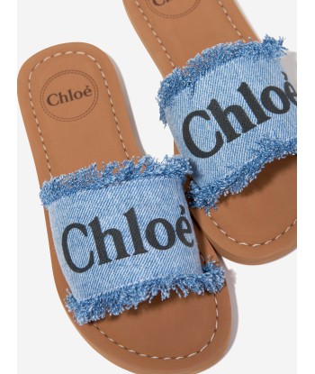 Chloé Girls Fringed Denim Sliders in Blue votre