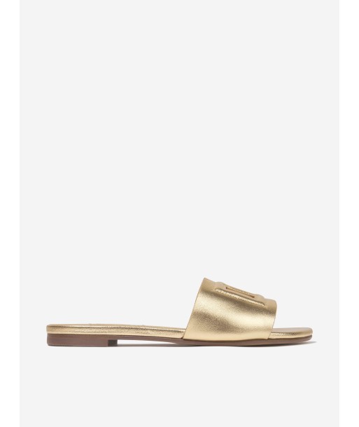 Dolce & Gabbana Girls Leather Logo Slider Sandals In Gold en linge