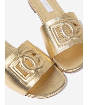 Dolce & Gabbana Girls Leather Logo Slider Sandals In Gold en linge