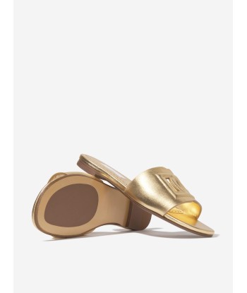 Dolce & Gabbana Girls Leather Logo Slider Sandals In Gold en linge