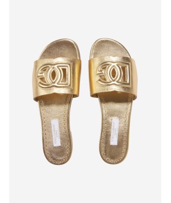 Dolce & Gabbana Girls Leather Logo Slider Sandals In Gold en linge