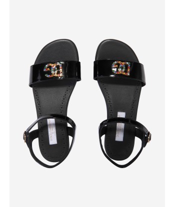 Dolce & Gabbana Girls Leather Logo Sandals in Black pas cher